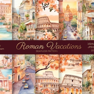 Romeinse vakanties, naadloze patroonset, afdrukbaar inpakpapier, Roma-patroon, Surface Design, aquarelkunst, Instant Download Design