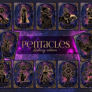 Peut inclure: Un jeu de 10 cartes de tarot repr&eacute;sentant la suite des Pentacles. Les cartes ont un fond de galaxie avec des accents dor&eacute;s et sont illustr&eacute;es de figures et de symboles. Les cartes sont &eacute;tiquet&eacute;es avec le nom de la suite et le num&eacute;ro de la carte.