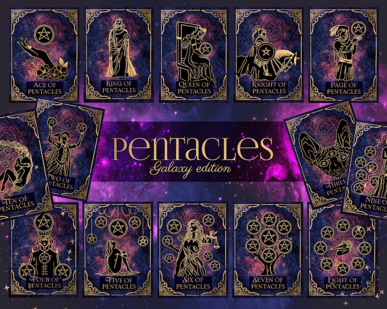 Peut inclure: Un jeu de 10 cartes de tarot repr&eacute;sentant la suite des Pentacles. Les cartes ont un fond de galaxie avec des accents dor&eacute;s et sont illustr&eacute;es de figures et de symboles. Les cartes sont &eacute;tiquet&eacute;es avec le nom de la suite et le num&eacute;ro de la carte.