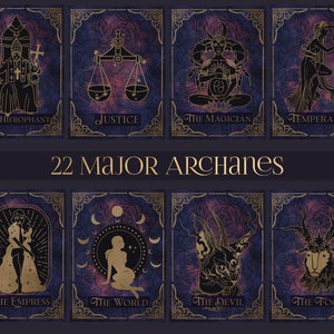 Peut inclure: Un jeu de 8 cartes de tarot avec des bordures dor&eacute;es et des illustrations noires et dor&eacute;es sur un fond violet. Les cartes sont &eacute;tiquet&eacute;es avec les noms des arcanes majeurs&nbsp;: Le Hi&eacute;rophante, La Justice, Le Magicien, La Temp&eacute;rance, L'Imp&eacute;ratrice, Le Monde, Le Diable et Le Fou.