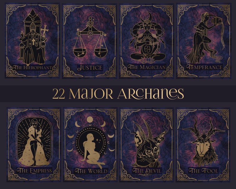 Peut inclure: Un jeu de 8 cartes de tarot avec des bordures dor&eacute;es et des illustrations noires et dor&eacute;es sur un fond violet. Les cartes sont &eacute;tiquet&eacute;es avec les noms des arcanes majeurs&nbsp;: Le Hi&eacute;rophante, La Justice, Le Magicien, La Temp&eacute;rance, L'Imp&eacute;ratrice, Le Monde, Le Diable et Le Fou.