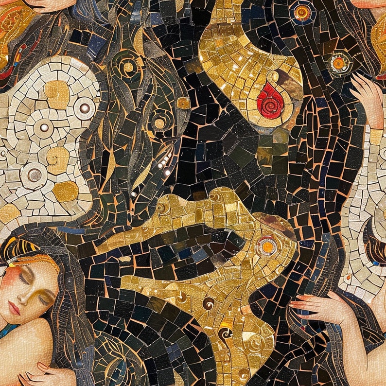 May include: A mosaic artwork featuring a black and gold design with a stylized image of two figures. The figures are depicted with long flowing hair and are partially obscured by the mosaic pattern.
