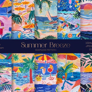 Puede incluir: Un conjunto de 10 patrones digitales sin costuras que presentan ilustraciones coloridas de escenas de playa de verano. Los patrones incluyen palmeras, sombrillas, cócteles y olas del océano. El texto "Summer Breeze" está incluido en la imagen.