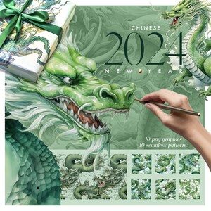 GREEN DRAGON GRAPHICS Bundle, Cinese New Year  Decor, Dragon Themed stickers, New Year Clip Art, Printable patterns, New 2024 Year