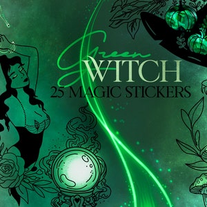 May include: A set of 25 green witch themed stickers featuring a witch, a snake, mushrooms, a crystal ball, and a witch's hat. The stickers are on a green background with glitter.