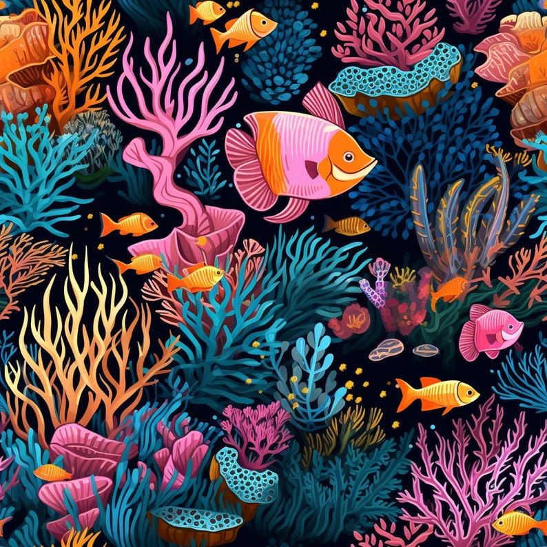 Underwater Digital Paper, Marine Life Seamless Pattern, Corals and Fish ...