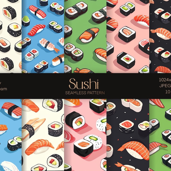 Japan Food Sushi Digital Paper, Sushi Seamless Pattern, Sushi Paper, Seafood Craft print, Wrapping Paper, Instant download file, Sea Life