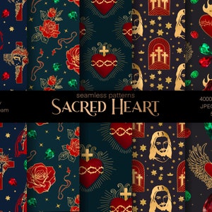 CUORE SACRO, Set di modelli senza giunture, Carta da imballaggio stampabile, Tessuto tessile, Design della superficie, Modello Gesù Cristo, Download istantaneo