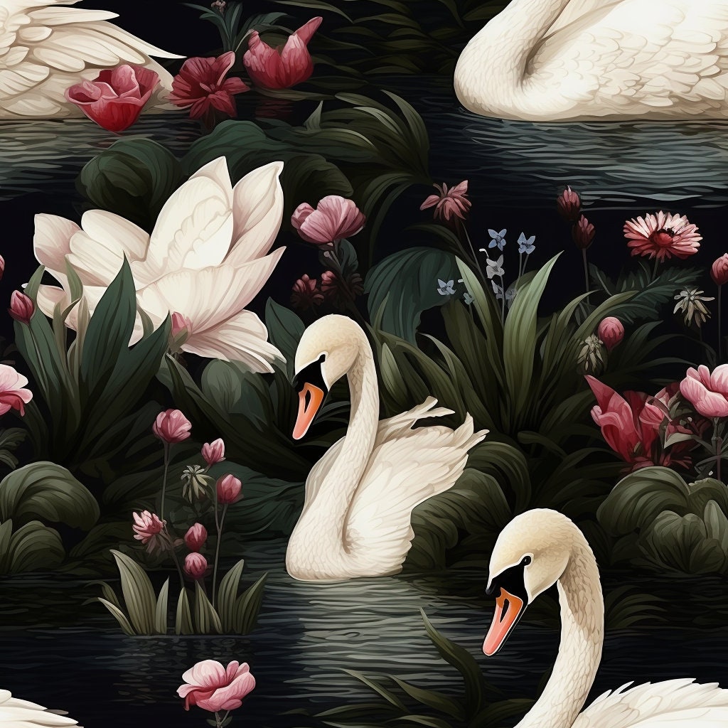Seamless Watercolour SWAN Digital Paper, Birds Seamless Pattern, Dark ...