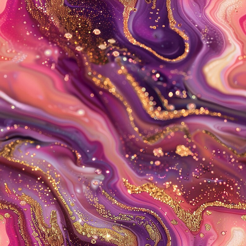 Puede incluir: Impresi&oacute;n de arte abstracto con pintura rosa, p&uacute;rpura y blanca en espiral con detalles de purpurina dorada.
