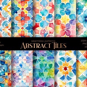 May include: Ten digital seamless patterns featuring abstract watercolor tiles in various colors, including blue, green, yellow, orange, and red. The patterns are 1024 x 1024 pixels and 300 dpi.