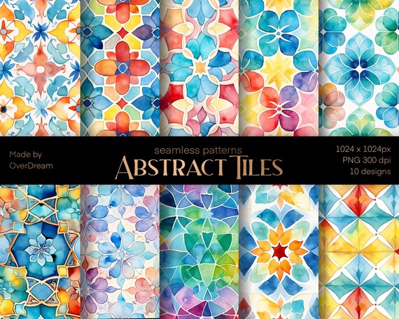 Seamless Mediterranean Ceramic Tiles Patterns Textures, Digital Scrapbook Journalling Paper, Commercial Use Patterns, Watercolor Greek Tiles