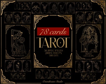 May include: A black and gold tarot card deck with 78 cards. The cards are arranged in a grid pattern with a gold frame around the edges. The cards feature illustrations of various tarot symbols and characters. The text "78 cards TAROT" is displayed in red and gold lettering.