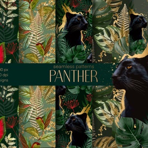 Panter sömlöst mönster, texturpaket, utskrivbart omslagspapper, ytdesign, tropiskt mönster, djungelmotiv, sömlöst kattmönster