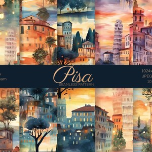 Könnte beinhalten: Ein Set mit 10 digitalen nahtlosen Mustern mit Aquarell-Illustrationen des Schiefen Turms von Pisa, italienischer Architektur und Palmen. Die Muster sind in warmen Farben gehalten, darunter Orange, Gelb und Blau. Der Text "Pisa Seamless Pattern" ist im Bild enthalten.