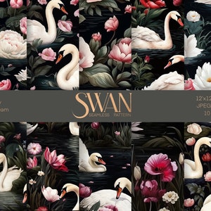 Papier numérique SWAN aquarelle transparente, motif sans couture d’oiseaux, pack de papier de collage botanique foncé, impression d’artisanat d’oiseaux, art carrelable mignon