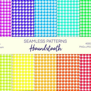 May include: A set of ten seamless houndstooth patterns in various bright colors, including pink, blue, green, yellow, orange, and red. Each pattern is 4000x4000 pixels and 300 dpi. Made by OverDream.