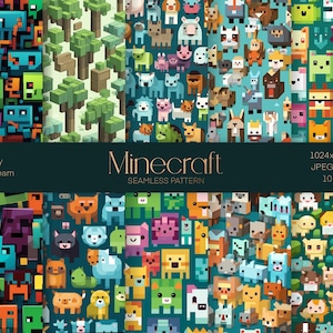 Puede incluir: Un conjunto de 10 patrones digitales sin costuras que presentan personajes y objetos de estilo Minecraft pixelados. Los patrones incluyen una variedad de colores, incluyendo verde, azul, rojo, amarillo y naranja. Los patrones son perfectos para usar en manualidades, scrapbooking y otros proyectos creativos.