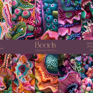 Puede incluir: Un collage digital de 10 patrones sin costuras que presentan diseños de cuentas coloridas. Los patrones están compuestos por varias formas, incluyendo flores, espirales y patrones geométricos. Las cuentas son en tonos de rosa, azul, verde, naranja y amarillo. El texto "Beads Seamless Pattern" se muestra en el centro de la imagen.