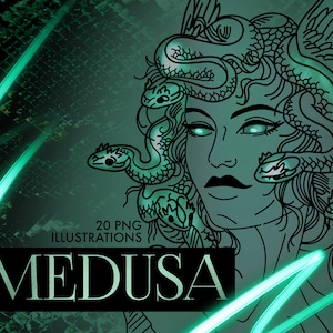 May include: A black and white illustration of Medusa, a mythical Greek figure with snakes for hair. The image is set against a green background with glowing green lines.