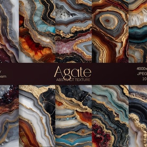 May include: Ten agate abstract texture designs are displayed, showcasing a range of colours including gold, brown, grey, teal, and white. The image includes the text "Agate Abstract Texture" and details about the image size and resolution.