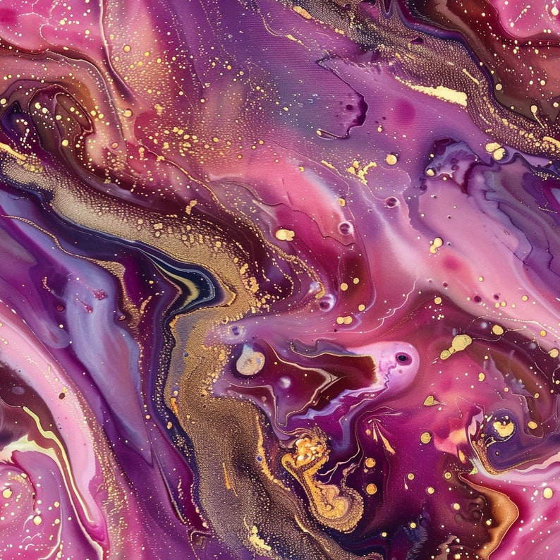 Puede incluir: Pintura abstracta con colores p&uacute;rpura, rosa y dorado que se arremolinan. La pintura dorada tiene un patr&oacute;n moteado, creando un efecto de galaxia.