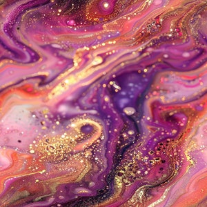 Puede incluir: Impresi&oacute;n de arte abstracto con colores rosados, morados y naranjas en espiral con detalles de purpurina dorada.