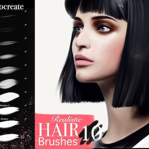 May include: A set of 10 Procreate brushes for creating realistic hair. The brushes are shown on a black background with a white woman's face on the right side of the image. The text "Realistic HAIR 10 Brushes" is in red and white on a pink background.