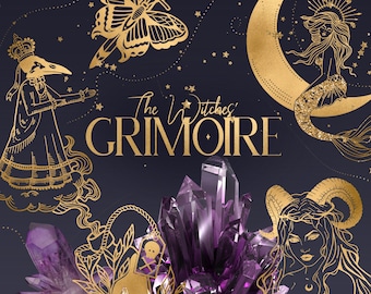 Clipart grimoire des sorcières, livre magique, astrologie Clip Art, autocollants Wicca, décor de livre d'ombre, éléments d'alchimie, clipart numérique