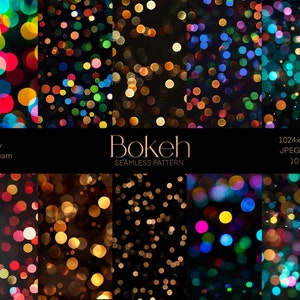 May include: Ten seamless patterns featuring colorful bokeh lights on a black background. The patterns are 1024x1024 pixels and 300 dpi. Made by OverDream.