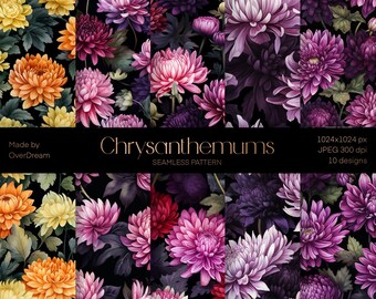 Papel digital de crisantemo, patrón sin costuras de flor de crisantemo, paquete de papel de collage de flores, impresión de artesanías florecientes, papel de envolver