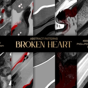 Paquete de PAPEL DIGITAL, Paquete de textura de corazón roto, Suministros de artesanía Scrapbooking, Tristeza, Corazón, Fondo, Arte grande abstracto, Negro y rojo