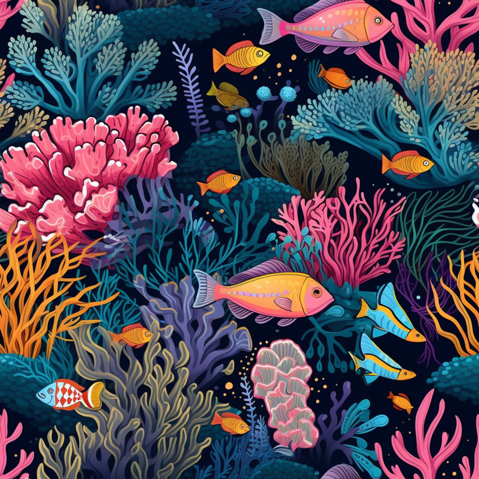 Underwater Digital Paper, Marine Life Seamless Pattern, Corals and Fish ...
