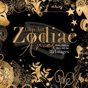 ZODIAC Clip Art, Constelación de Aries, Clip Art de Astrología, Planificador Digital, Signo de Estrella, Tinta Dorada, Signo del Zodíaco, Iconos de Signos Astrológicos, Boho