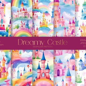 May include: A set of 10 digital seamless patterns featuring whimsical watercolour illustrations of castles, rainbows, and clouds. The patterns are perfect for creating backgrounds, scrapbooking, and other creative projects. "Dreamy Castle" and "Seamless Pattern" are written in gold lettering on a burgundy background.