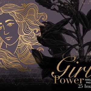 Mädchen Power ClipArt, Frau Porträts, Zärtlichkeit, Clip Art, Liner Draw, digitaler Planer, goldene Tinte, Planer Dekor, digitale Aufkleber, PNG