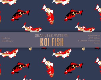May include: Seamless pattern featuring red, white, and black koi fish on a dark blue background. The pattern is titled "Koi Fish" and is available in 5 different color schemes.