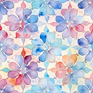 May include: A seamless pattern of watercolor flowers in shades of blue, pink, and orange. The flowers have a delicate, stylized design and are arranged in a repeating pattern.
