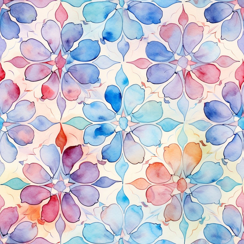 May include: A seamless pattern of watercolor flowers in shades of blue, pink, and orange. The flowers have a delicate, stylized design and are arranged in a repeating pattern.