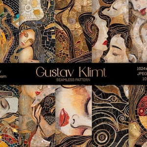 Paquete de patrones sin costuras Gustav Klimt, suministros de artesanía scrapbooking, fondo de pantalla del beso, fondo, arte grande abstracto, patrón de tela