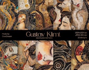 Gustav Klimt Seamless Pattern Pack, Scrapbooking Bastelbedarf, Der Kuss Tapete, Hintergrund, Abstrakte Große Kunst, Stoffmuster