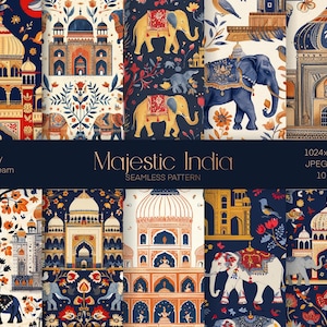 Conception magique de l'Inde, fichier imprimable, modèle sans couture d'éléments d'architecture, papier indien, papier d'emballage, fichier à téléchargement immédiat