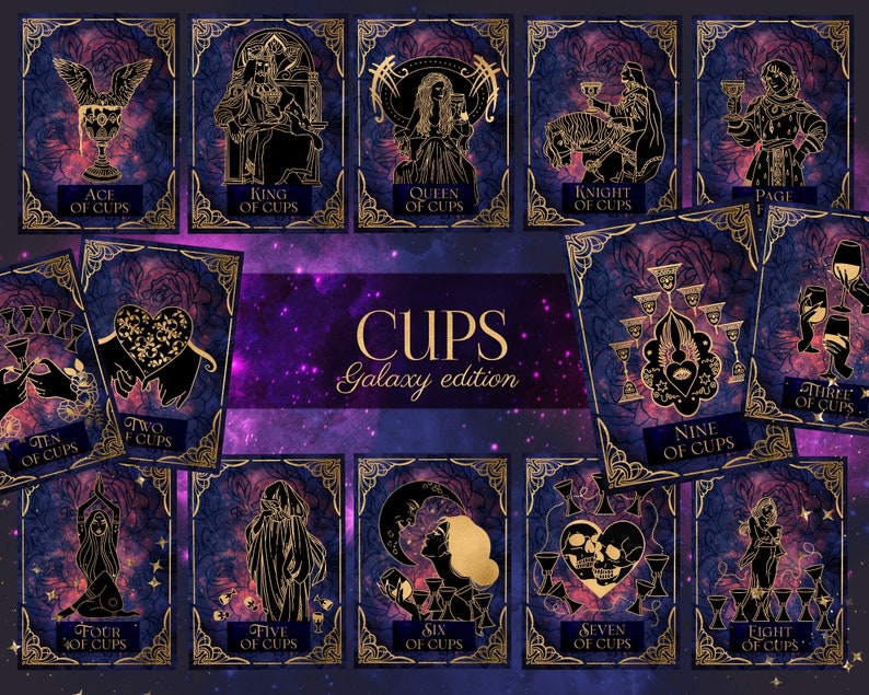 Peut inclure: Un jeu de cartes de tarot sur le th&egrave;me de la galaxie. Les cartes sont d&eacute;cor&eacute;es d'accents dor&eacute;s et pr&eacute;sentent des images de coupes, d'&eacute;toiles et d'autres images c&eacute;lestes. Les cartes sont dispos&eacute;es en grille, avec le titre "CUPS Galaxy edition" en haut.