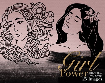 Girl Power Clip Art, Woman Portraits, Tenderness, Clip Art, Liner Draw, Digital Planner, Black Lines, Planners Decor, Digital Stickers, PNG
