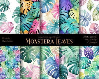 Watercolor tropical leaves seamless pattern, palm, monstera, banana greenery, PNG illustration instant download, watercolour backgrounds