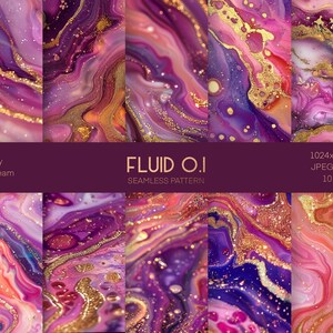 Puede incluir: Diez patrones digitales de papel sin costuras que presentan arte fluido abstracto con remolinos de morado, rosa y naranja con acentos de purpurina dorada. Los patrones son de 1024 x 1024 p&iacute;xeles y 300 ppp. El texto "FLUID O.I. SEAMLESS PATTERN" est&aacute; en el centro de la imagen.