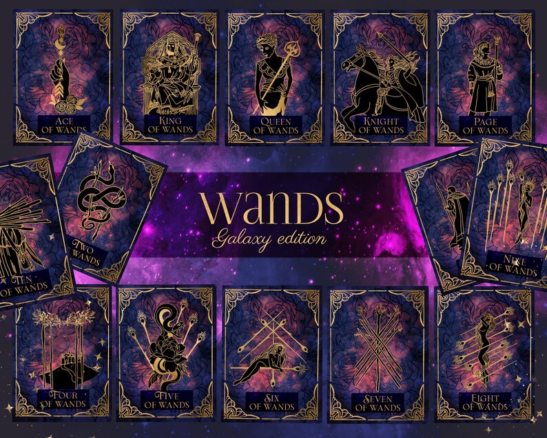 Peut inclure: Un jeu de 14 cartes de tarot repr&eacute;sentant le costume des B&acirc;tons. Les cartes ont un fond de galaxie avec des accents dor&eacute;s et pr&eacute;sentent des illustrations de personnages et de symboles. Les cartes sont &eacute;tiquet&eacute;es avec le nom du costume et le num&eacute;ro de la carte.