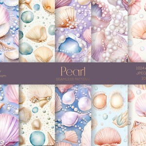May include: Ten seamless patterns featuring watercolor illustrations of seashells, pearls, and bubbles. The patterns are in shades of pink, purple, blue, and white. The text "Pearl Seamless Pattern" is displayed in the center of the image.