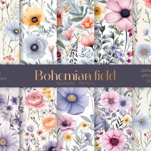 Carta digitale Boho Field, modello senza cuciture, confezione di carta, motivo floreale, stampa artigianale senza cuciture botanica, licenza commerciale modello