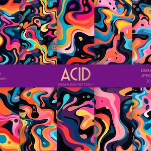 Op de afbeelding: Tien naadloze patronen met abstracte, kleurrijke, draaiende ontwerpen in tinten roze, blauw, geel, oranje en zwart. De patronen zijn gelabeld met "ACID" en "Naadloos patroon".